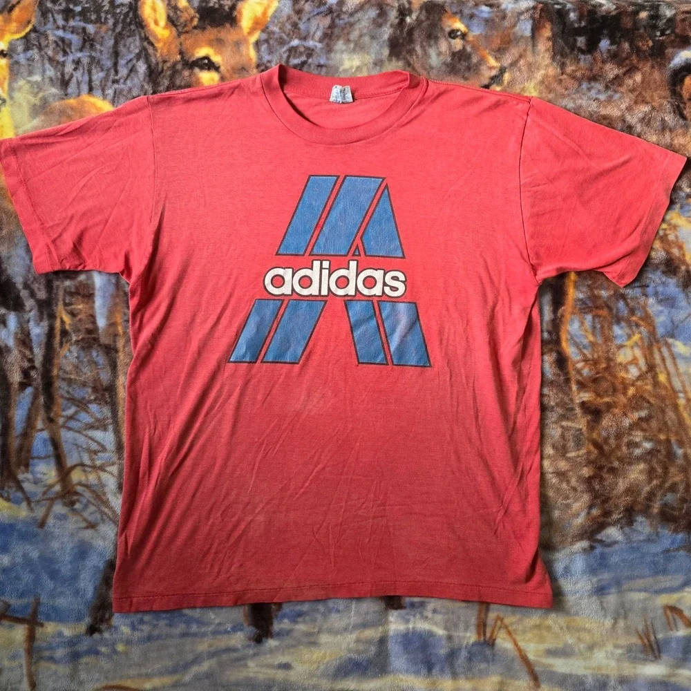 Vintage Adidas 80s Faded Red w/Blue Double Logo Single Stitch Tee sz Large